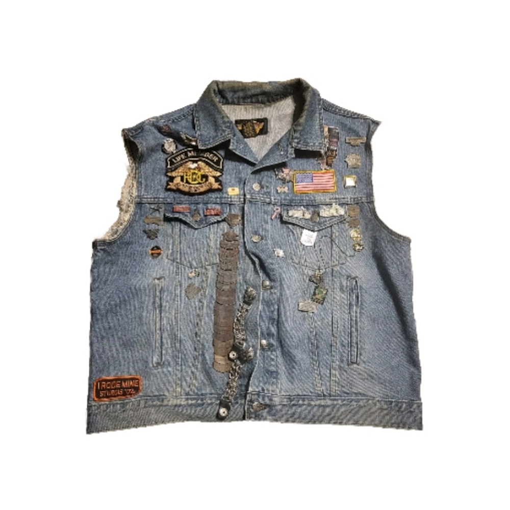 Vintage Harley Davidson Xl Denim Jacket Vest Life Memeber Hog Group Pins Badges